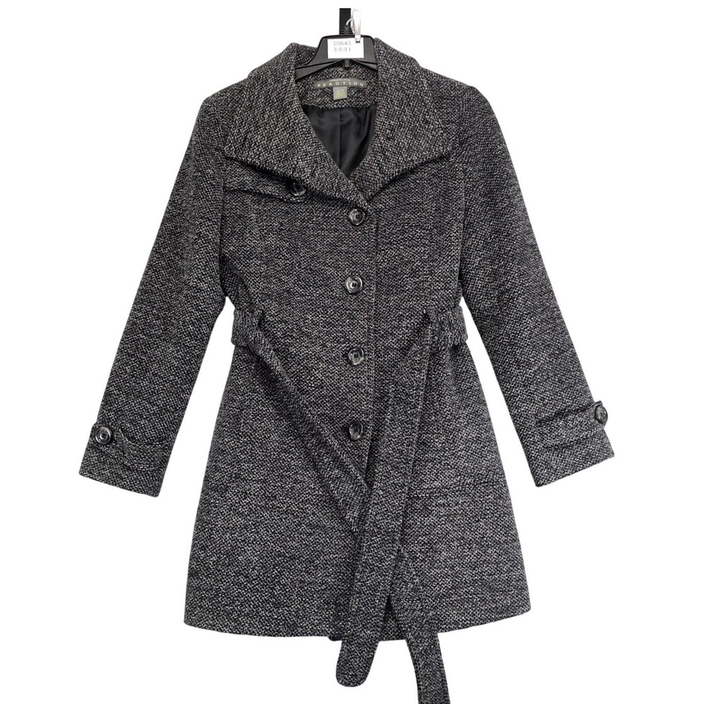 Kenneth Cole Gray Tweed Belted Coat Womens XL Wool Blend Long Jacket Classic